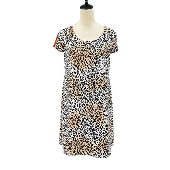Chico’s Sz 00 PETITE Reversible Orange Tropical Floral Cheetah Print Shift Dress - Picture 2 of 15